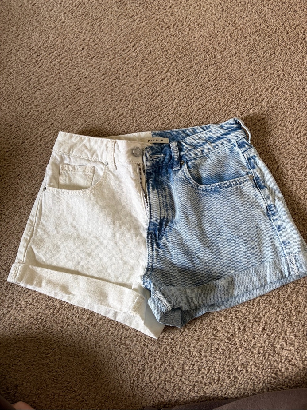 PacSun Split Two-Tone High-Rise Denim Shorts — White & Light Blue Wash